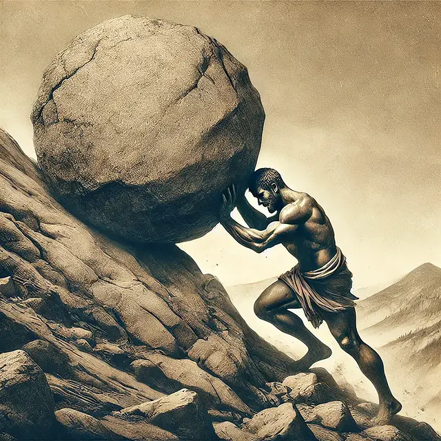 Sisyphos rollt einen Stein den Berg hinauf